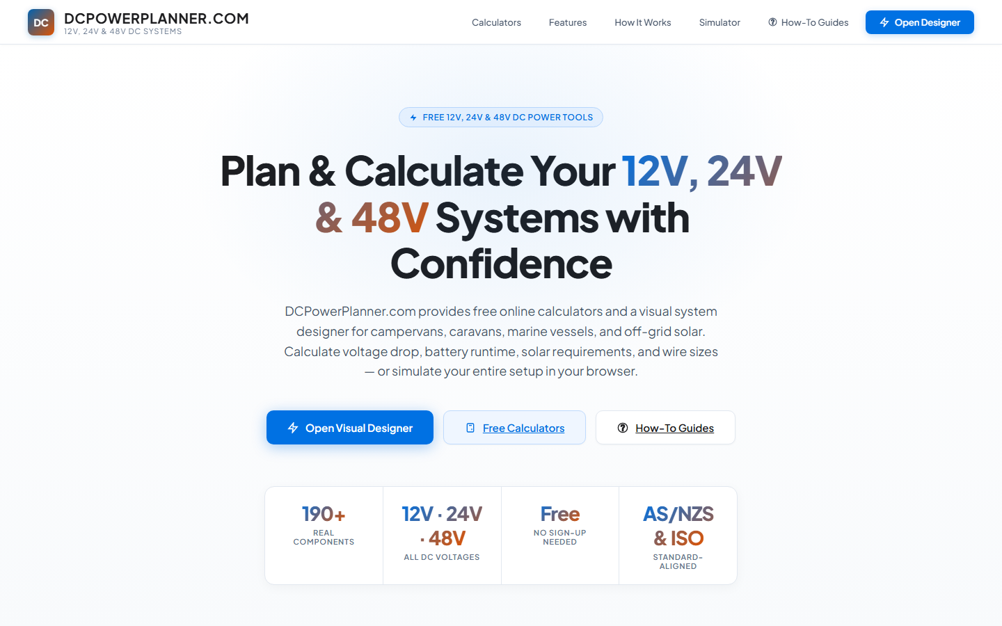 DCPowerPlanner.com home page — loads instantly, no disclaimer required to browse.