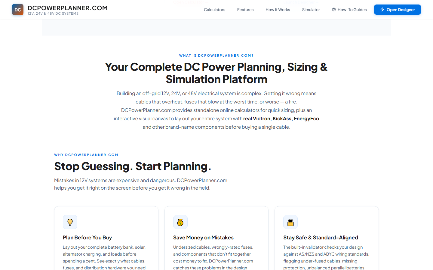 Features grid — showing what's included in the DCPowerPlanner.com designer.