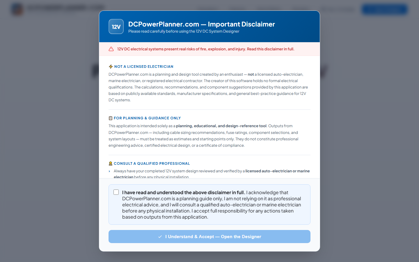 The disclaimer modal — appears only when you click Open Designer, not on the home page.