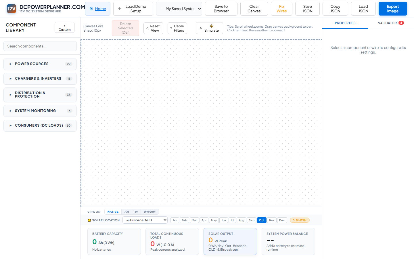 The empty DCPowerPlanner.com designer — three-panel layout with blank canvas.