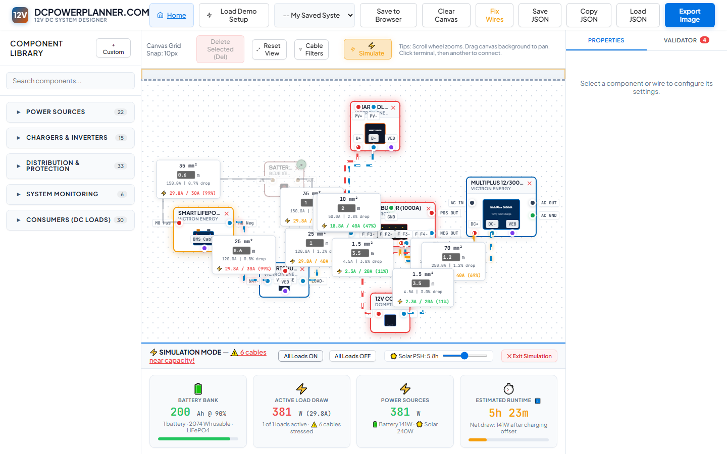 Selective loads ON — a realistic overnight camping scenario with runtime estimate.